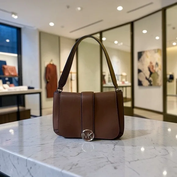 Michael Kors Shoulder Bag Womens Small Luggage Brown Excellent MK Logo Leather - Picture 2 of 14